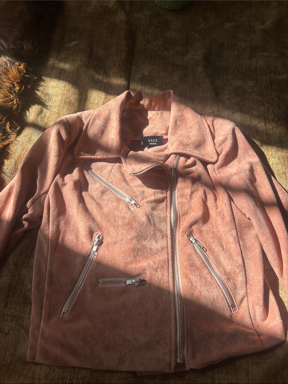 VICI Dusty Rose Suede-Look Moto Bomber Jacket